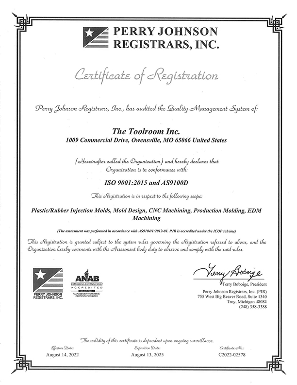 The Toolroom Meets ISO 9001:2015 and AS9100D Certification Requirements